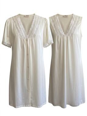 Vintage Gilead 60s Cream Nylon Lace Gown Set Peignoir Robe Pink Rosette Small